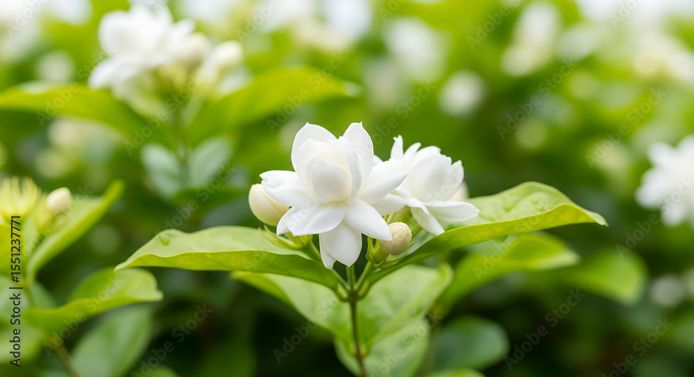 Fototapeta premium White jasmine blooms with leaves in garden, detailed macro shot with bokeh. Perfect for nature, tropical, and botanical backgrounds.