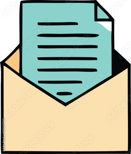 A simple hand drawn illustration of a light brown envelope with a teal colored paper document peeking out from the top