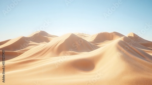 3D render of undulating sand dunes bathed in warm sunlight under a bright blue sky.