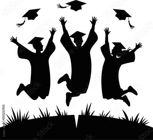 Graduation celebration silhouette vector illustration happy graduates jumping with caps in the air editable stock vector illustration