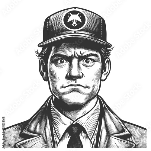 stern-looking man wearing a baseball cap with a raccoon logo, dressed in formal jacket and tie sketch engraving generative ai fictional character vector illustration. Scratch board. Black and white.