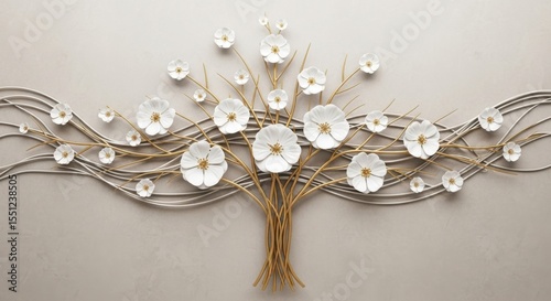 Exquisite Metal Wall Art Tree with Delicate White Flowers and Golden Accents Creating a Captivating Focal Point