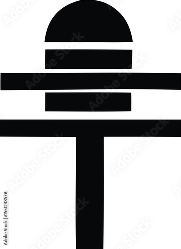 Abstract minimalist black and white graphic design featuring stacked horizontal bars and a vertical base with a rounded top element
