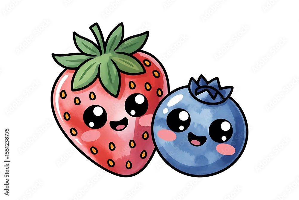 Obraz premium Kawaii Strawberry and Blueberry Illustration: Cute Fruit Clipart