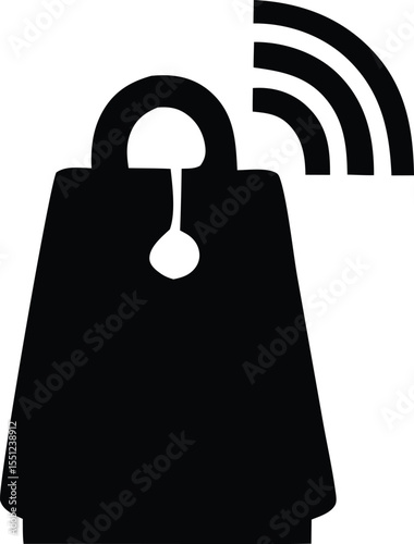 Silhouette of a smart tag or tracker attached to a bag indicating wireless connectivity and data transmission for location or inventory management
