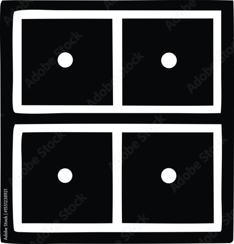 Stylized black and white graphic representation of a die face showing four dots arranged in a two by two grid pattern