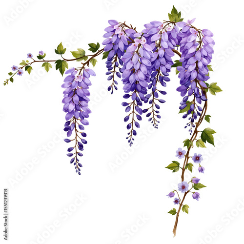 Wisteria flowers with purple blooms and green leaves on white background  
