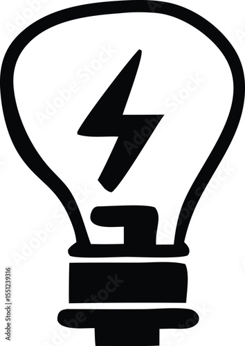 A simple black and white illustration of a light bulb with a lightning bolt inside representing an idea or inspiration