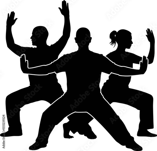Tai chi martial arts exercise silhouette group training wellness health fitness workout balance practice 100 editable stock vector illustration
