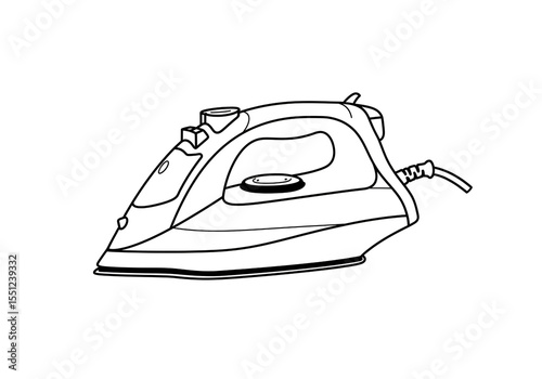 A simple black and white line drawing of an iron with a cord on a plain white background image