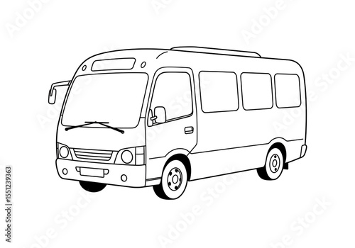 Illustration of a white minibus with black outlines on a white background in a side view perspective