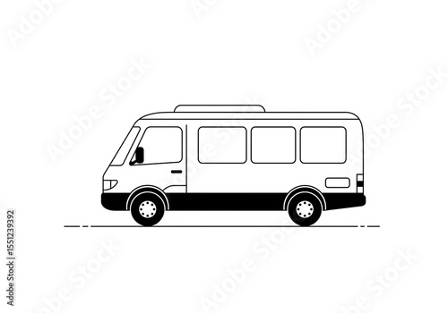 A simple black and white line drawing of a van with windows on a white background in vector format