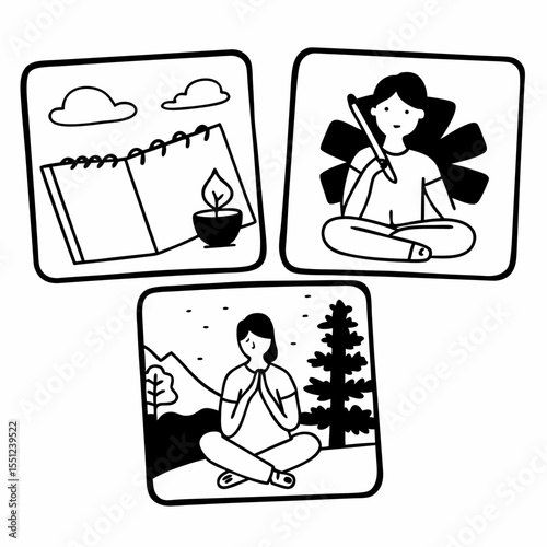 Self-Care Routine Vector with Journaling, Nature Walks, Aromatherapy, and Mindful Habits