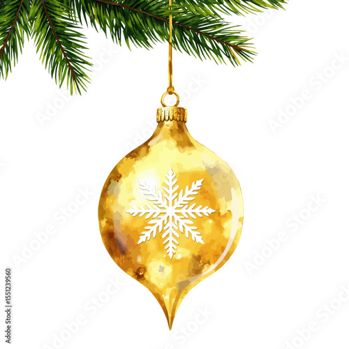 Gold Christmas ornament with snowflake hanging from pine branches  
