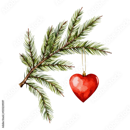 Pine branch with red heart ornament for Christmas decoration  
