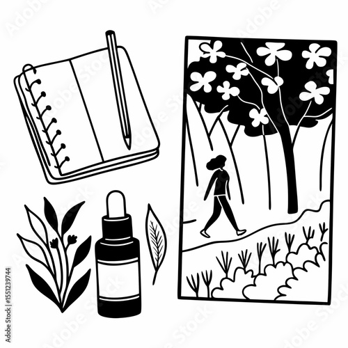 Self-Care Routine Vector with Journaling, Nature Walks, Aromatherapy, and Mindful Habits