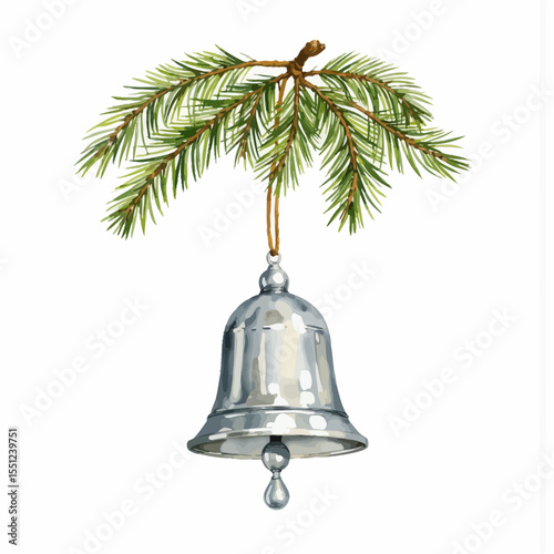 Silver bell hanging from pine branch with green needles  