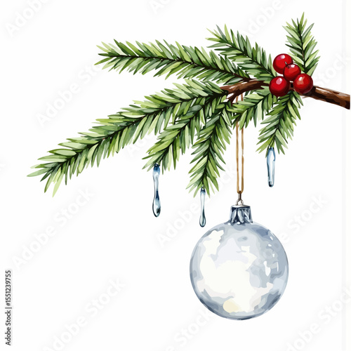 Christmas tree branch with ornament and icicles in winter setting  