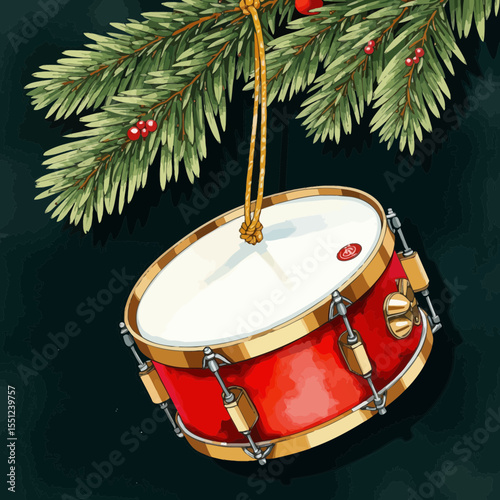Red Christmas drum hanging from pine branch with berries  