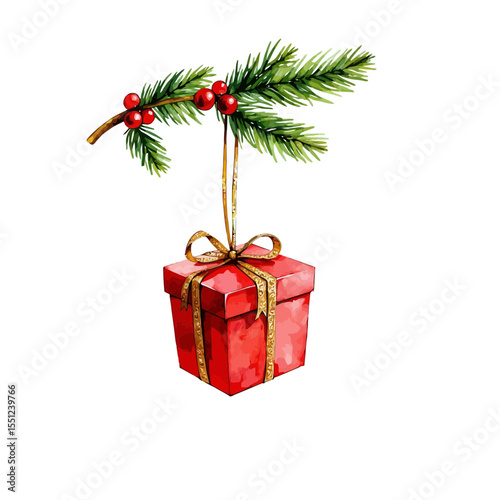 Red Christmas gift box with pine branch and berries on top  