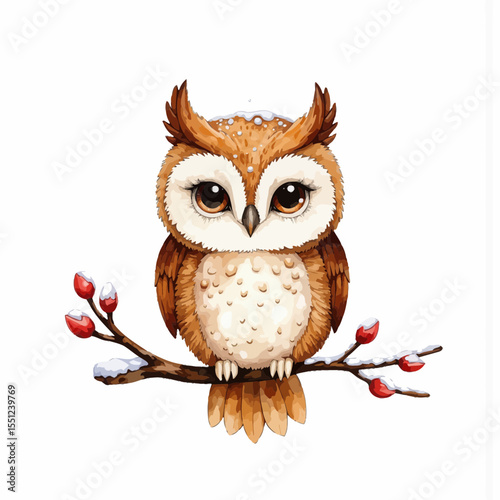 Adorable owl sitting on a branch with snowflakes and berries  