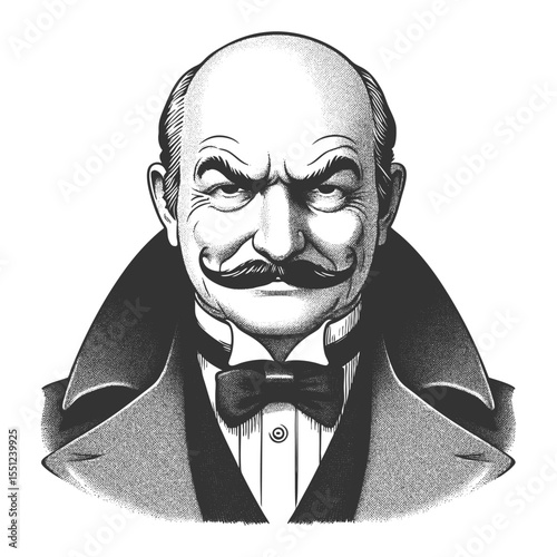 bald man with curled mustache and confident smirk, dressed in formal tuxedo and bow tie sketch engraving generative ai fictional character vector illustration. Scratch board. Black and white image.