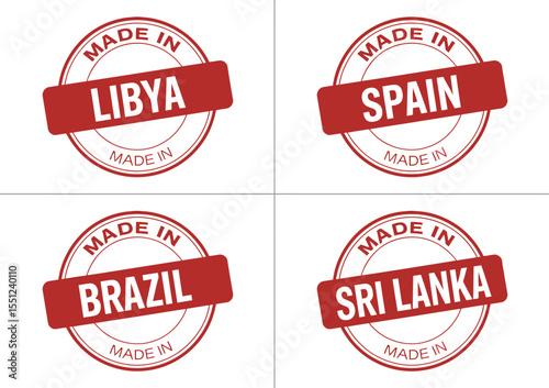 Made in stamps vector illustration featuring libya spain brazil and sri lanka country origin labels editable stock vector illustration