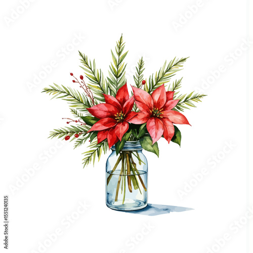 Red poinsettia flowers arrangement in glass jar with greenery  