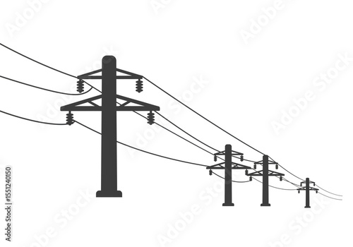 Silhouette illustration of power lines and pylons against a plain white background in a vector style