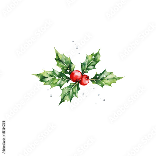 Holly leaves with red berries on white background  