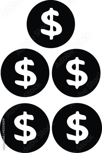 Five stylized white dollar signs are displayed within black circles arranged in a pyramid formation against a white background