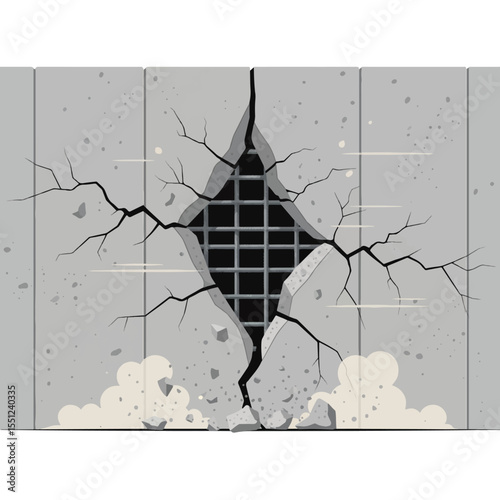 Cracked Concrete Wall with Exposed Rebar Industrial Texture Illustration