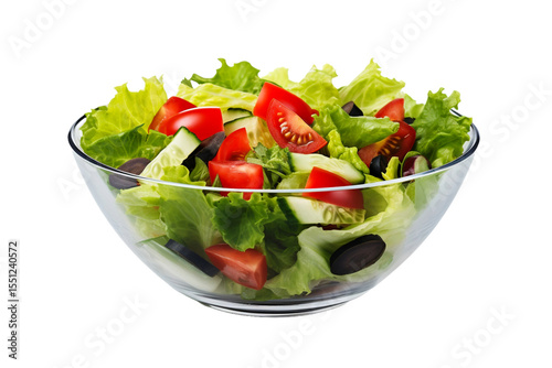 Vitamin appetizing salad of fresh red tomatoes, lettuce leaves and cucumbers in a transparent glass bowl on transparent background.


