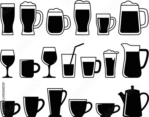 Vector illustration of various types of drinkware glasses cups mugs and pitchers black and white design editable stock vector illustration