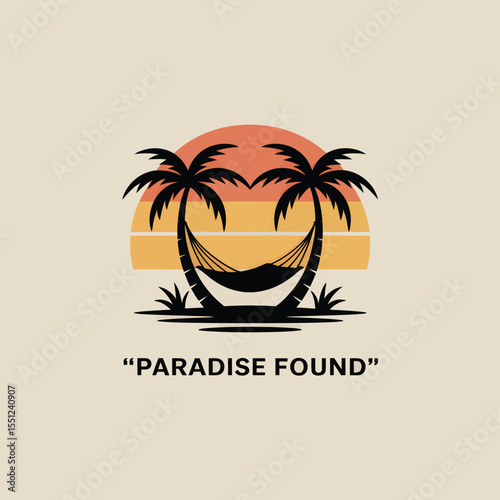 Silhouette of Hammock Between Two Palm Trees at Sunset Tropical Paradise Found Illustration Orange Yellow Beige Colors