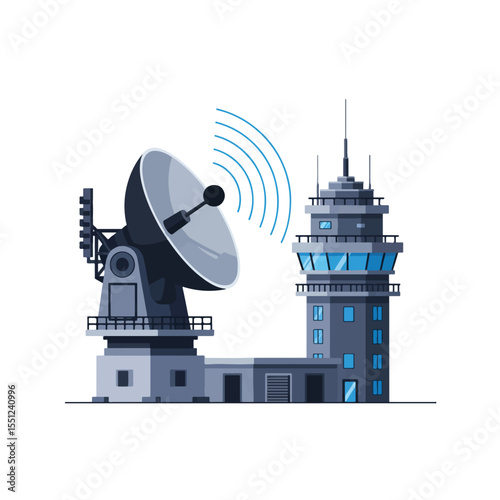 Satellite Dish and Air Traffic Control Tower Communication Technology Illustration