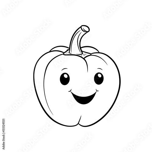 Happy cartoon bell pepper with a smiling face on a white background in a playful design style copy space