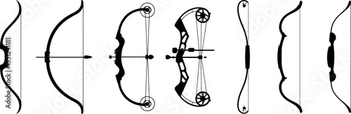 Bow and arrow types archery equipment recurve compound bow hunting target practice silhouette vector illustration editable stock vector illustration