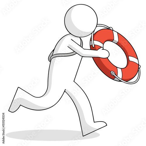 Running figure offering life preserver aid and rescue