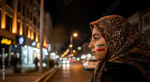 Portrait of an iranian woman with face paint standing on a city street at night