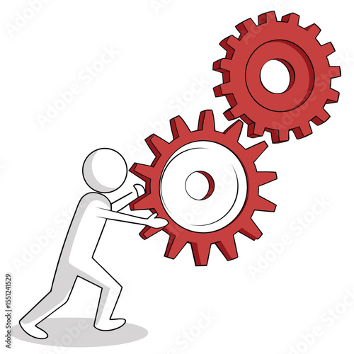 Person pushing interlocking gears teamwork and mechanism