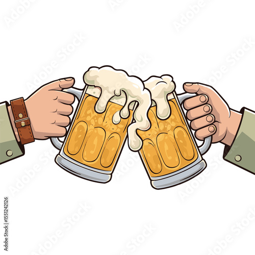 Two hands clinking frothy beer mugs, symbolizing celebration, friendship, and festive drinking culture. vector illustration design
