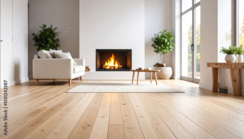 Fototapeta premium Inviting living room with fireplace and plush couch, creating a warm cozy atmosphere for relaxation
