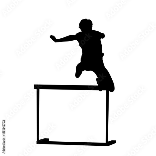 Hurdles running, young man jumping over hurdle, athletics