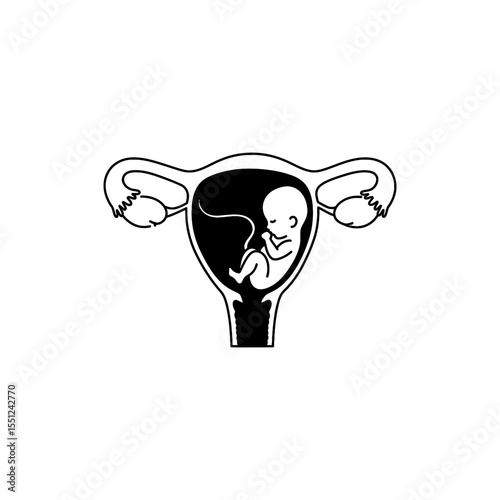 Black line icon of simplified pregnant uterus cross-section in side view