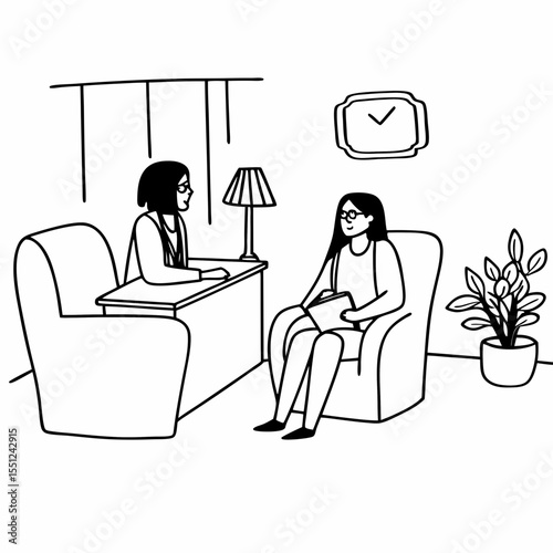 Therapy Session Illustration with Professional Psychologist and Patient Talking in Calm Setting