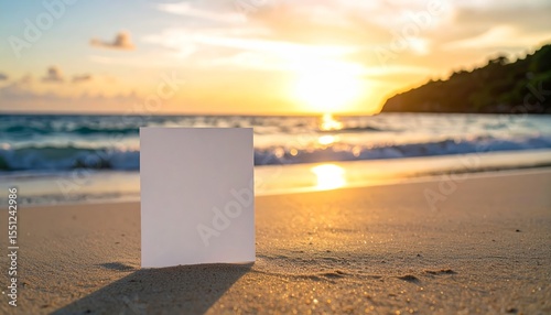 Blank white card on sandy beach, perfect for summer vacation and travel themes serene