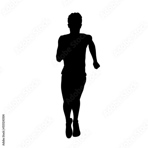 Running man, front view, young adult athlete, isolated vector silhouette