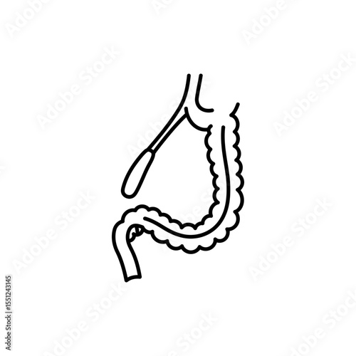 Outlined black line icon of human appendix as small finger-shaped projection from intestine