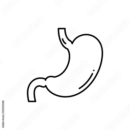 Black thin line icon of curved stomach showing esophagus entry and duodenum exit